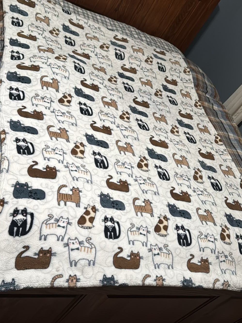 Cat Pattern Plush Throw Blanket - White/Tan/Gray
